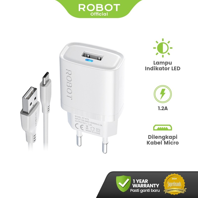 ROBOT Adaptor Kepala Fast Charger iPhone & Android Universal 1.2A with Kabel Micro Lampu LED RT-K7S Original – Garansi 1 Tahun