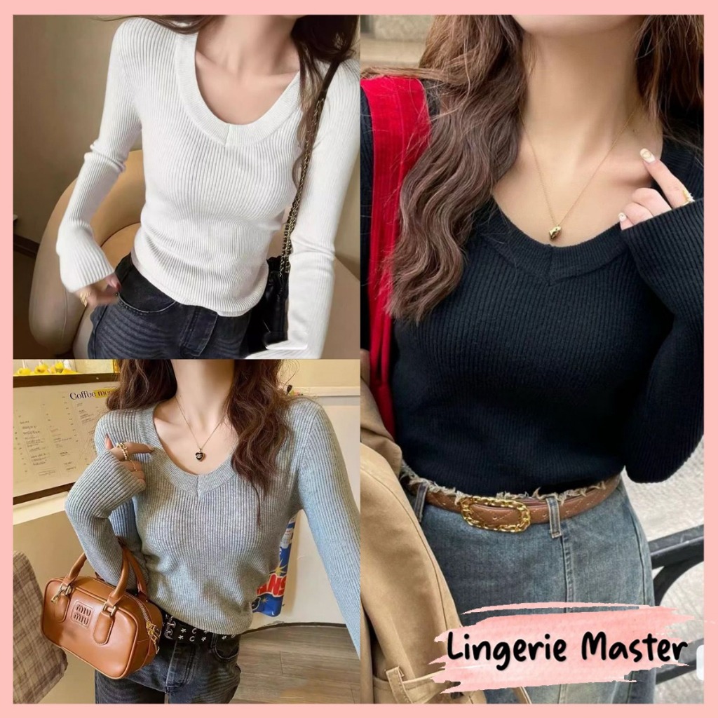 [ LINGERIE MASTER ] - (T-161) Inner Rajut V Neck Baju Wanita Knit Rajut Lengan Panjang - Atasan Wani