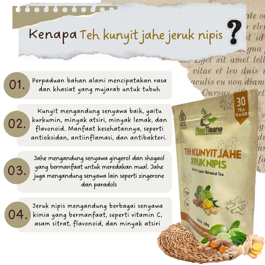 

RK12 RAW TISANE Teh Celup Kunyit With Jahe & Jeruk Nipis Isi 30 Tea Bag