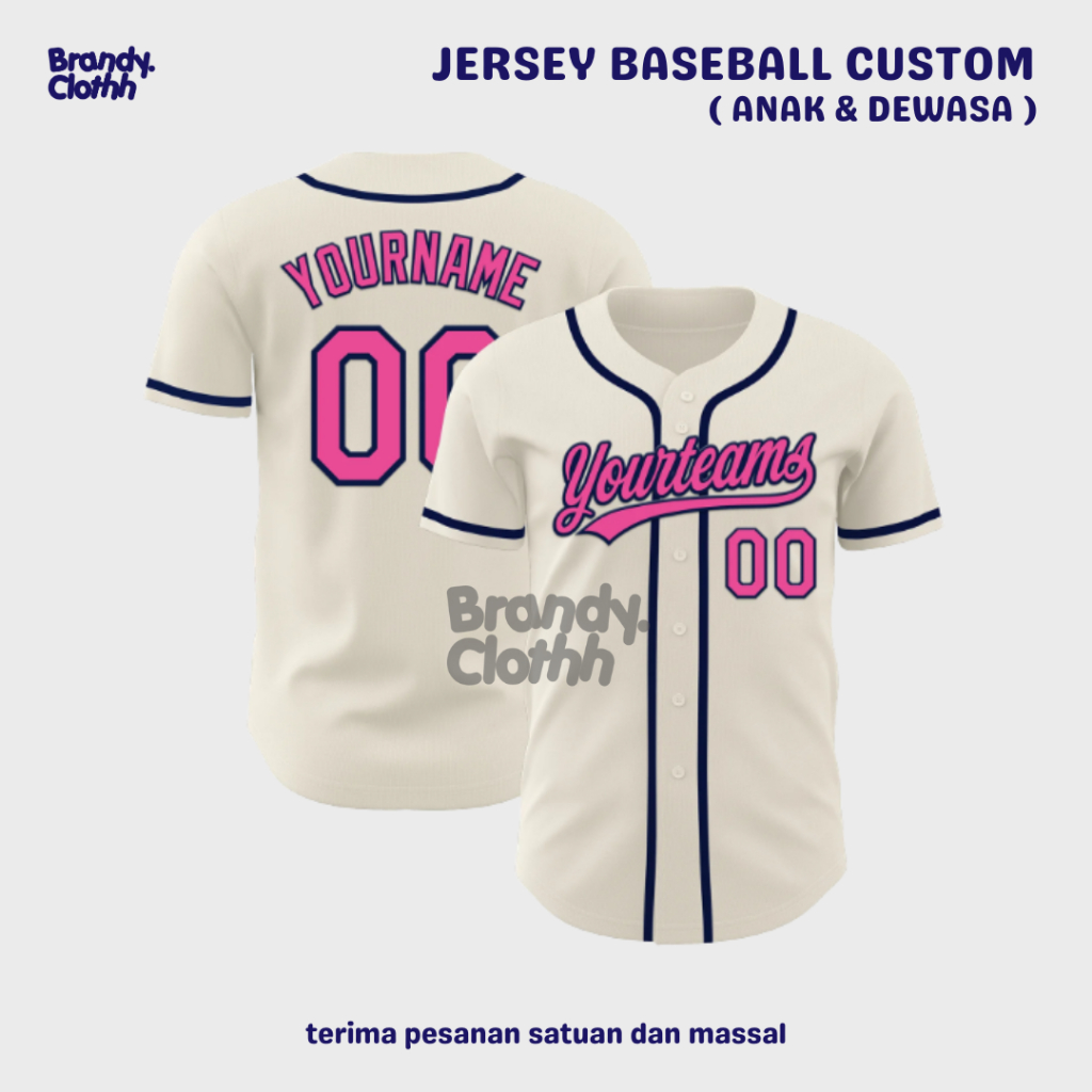 Custom Jersey Baseball White Navy - Pink Bordir