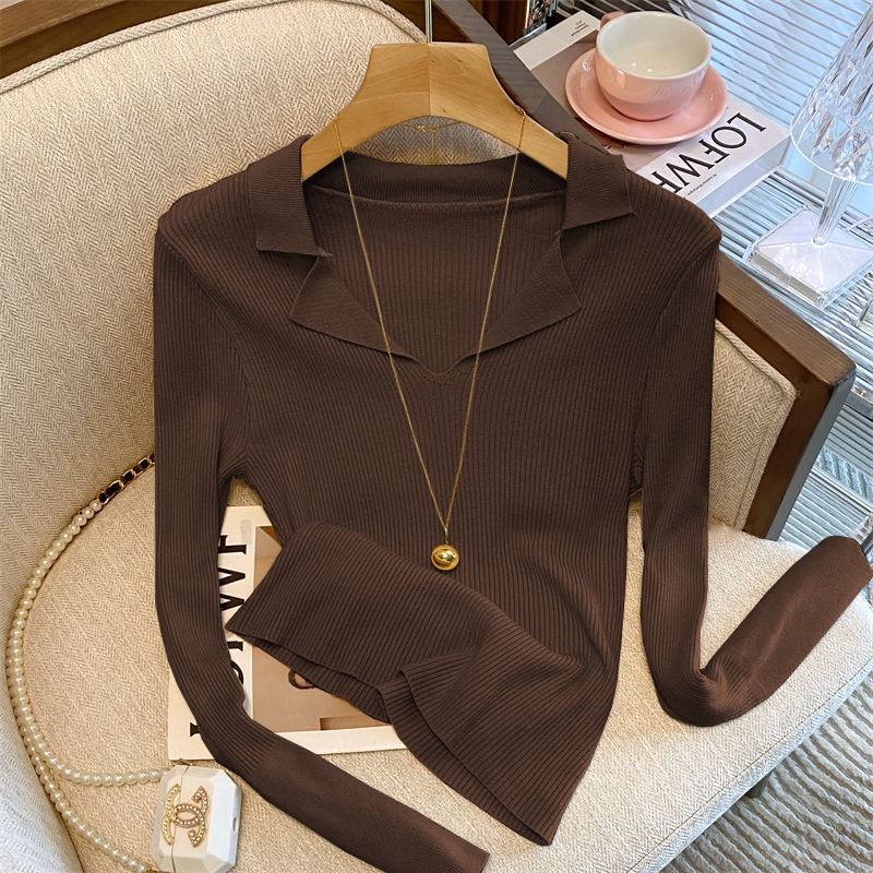 Kaos Lengan Panjang Kerah POLO Coklat Atasan Serbaguna Fashion Wanita Gaya Korea