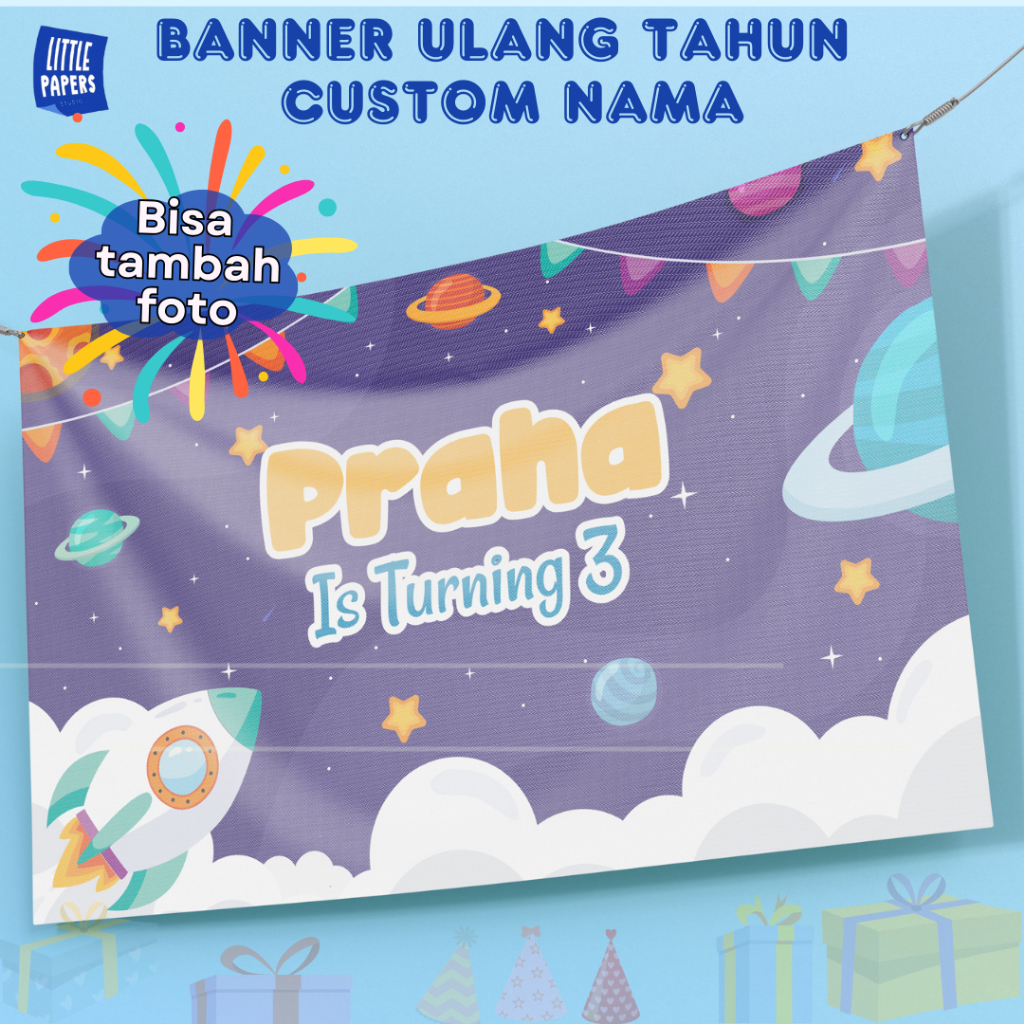 Banner Dekorasi Ulang Tahun Custom Nama Anak Laki Laki Backdrop Spanduk Asrtonaout Littlepapers