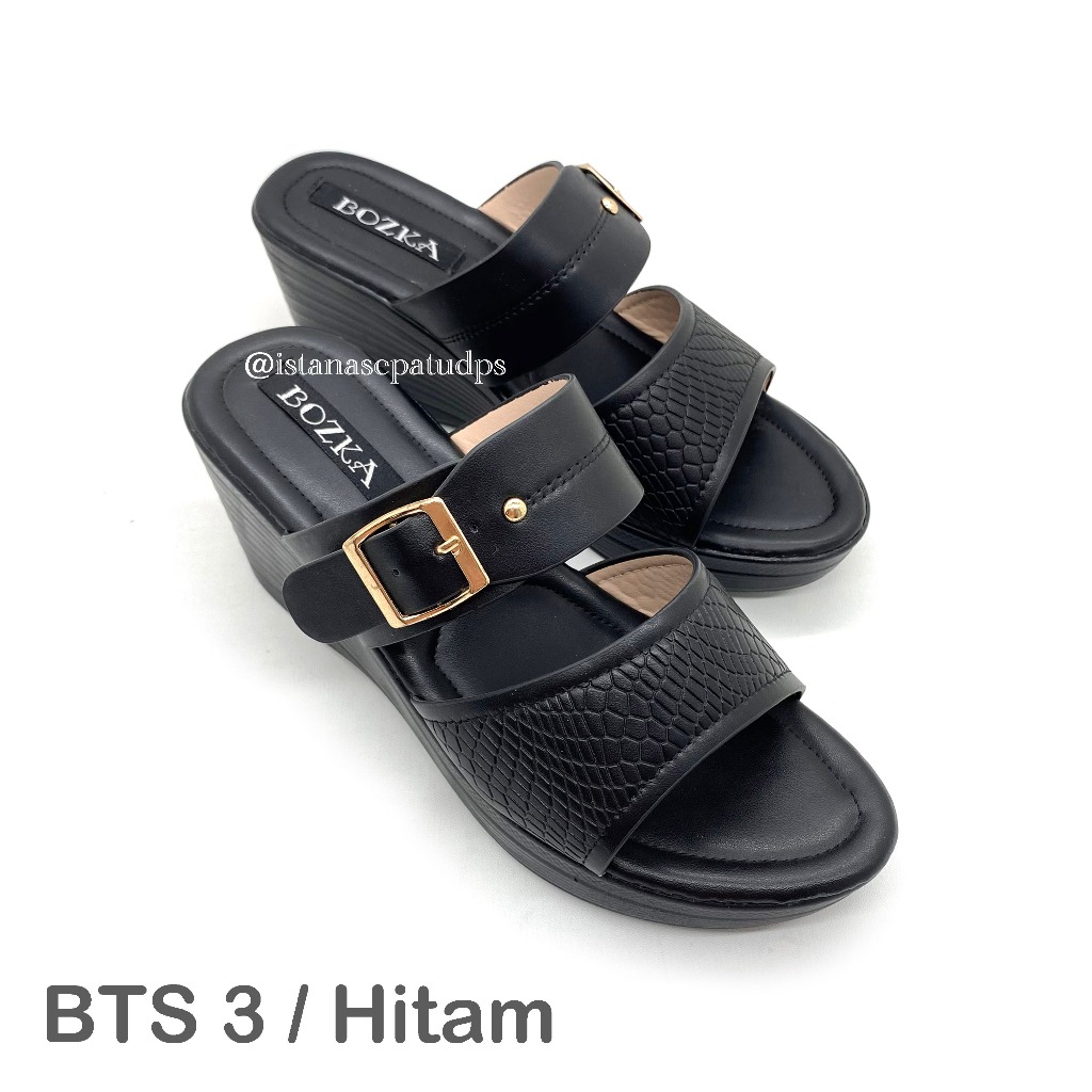 Sandal Wedges Kasual Wanita Bozka BTS 3, Hitam & Khaki, Hak 7cm, Ringan dan Nyaman dipakai