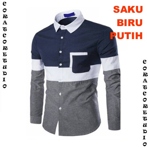 XS S M L XL XXL - Kemeja Pria Hem Cowok Lengan Panjang Kantong Saku Kombinasi PUTIH HITAM ABU BIRU