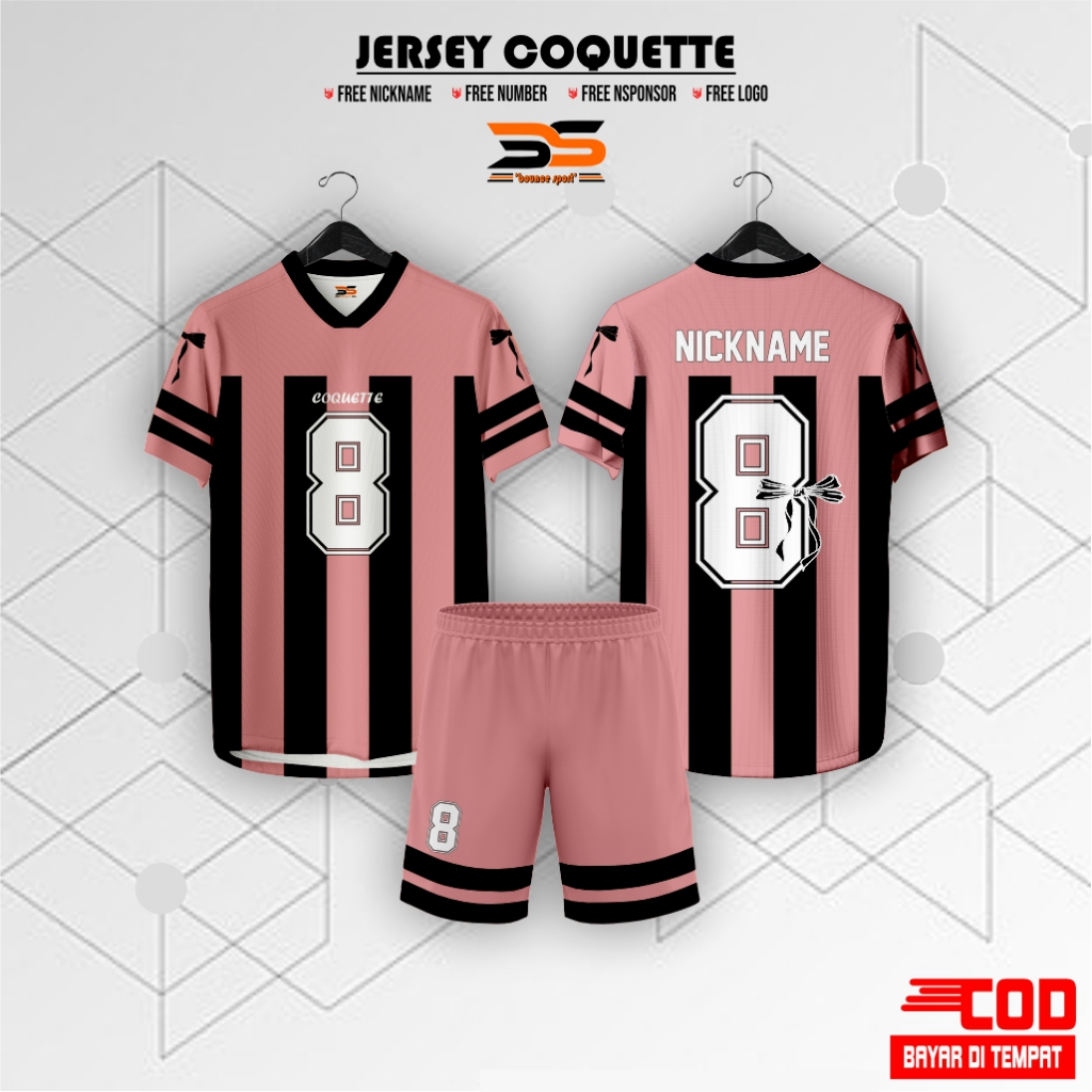 Jersey COQUETTE RIBBON Korean Hitam Pink Terbaru / Bola / Voly / Futsal / Tennis Custom Nama