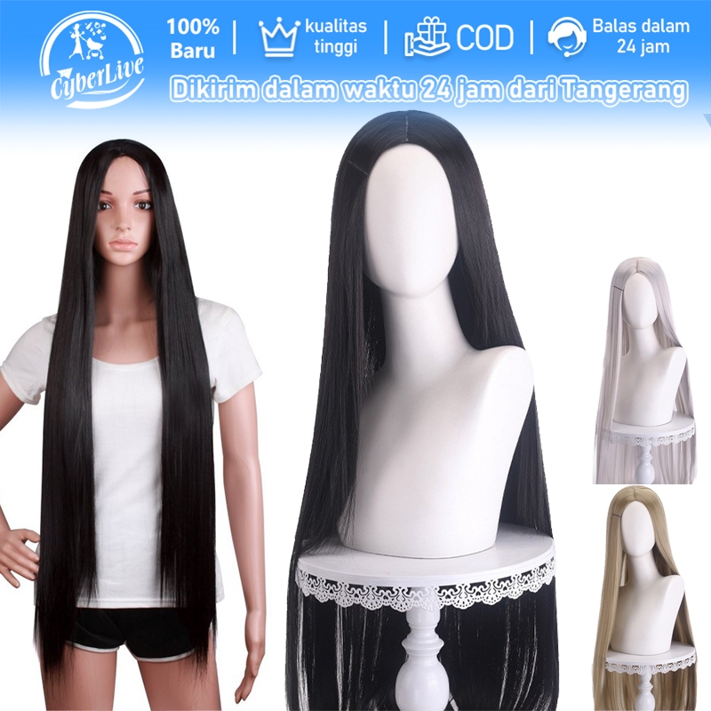 Wig Rambut Panjang Wanita Hitam 100cm Serbaguna Tanpa Poni