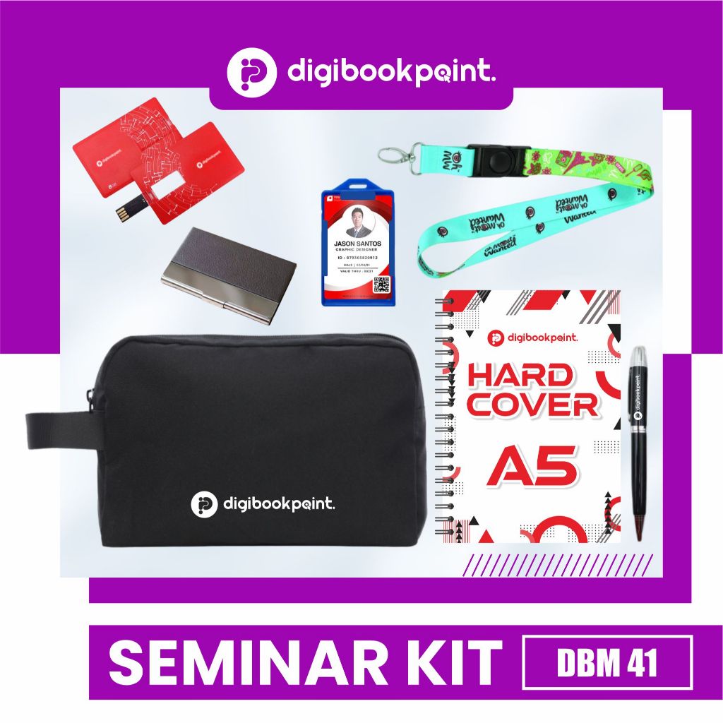 

Paket Seminar Kit Custom isi 6 - Pouch Cordura, Notebook Hardcover A5, Tempat Kartu Nama, FD Kartu, Pulpen Besi Grafir, Lanyard Printing - DBM 41