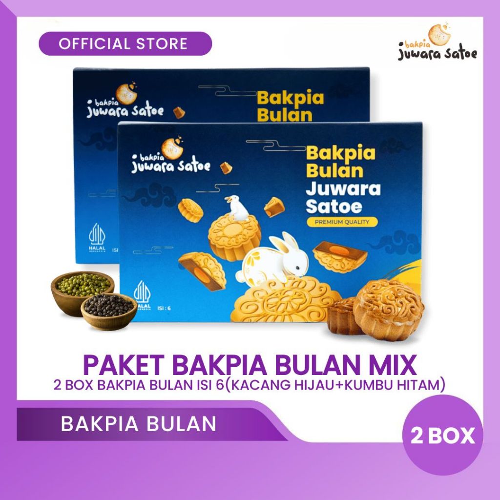 

BAKPIA JUWARA SATOE [ 2 Box ] Bakpia Bulan Mix (Kacang Hijau, Kumbu Hitam) Isi 6 - Oleh Oleh Khas Jogja