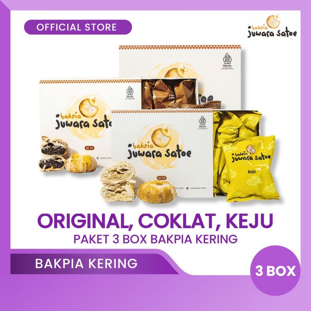 

BAKPIA JUWARA SATOE [ 3 Box ] Paket Bakpia Crispy (Original, Coklat, Keju) - Oleh Oleh Khas Jogja