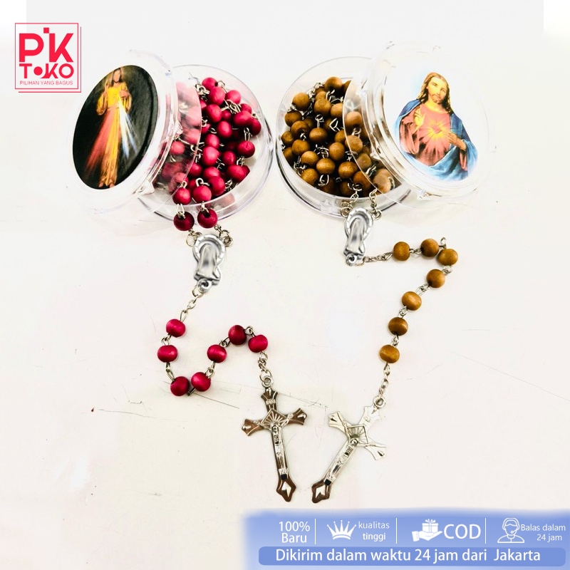 NEW Kalung Rosario Wangi Kayu Harum Katolik Wadah Bundar Bening Rosario Kalung Dw108