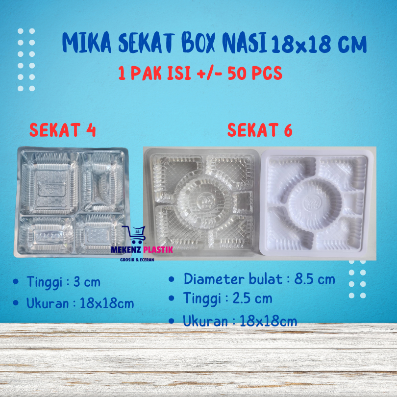 Mika Sekat 4 Box Nasi 18x18 Isi 50 Pcs l Mika Sekat 6 Bening Putih