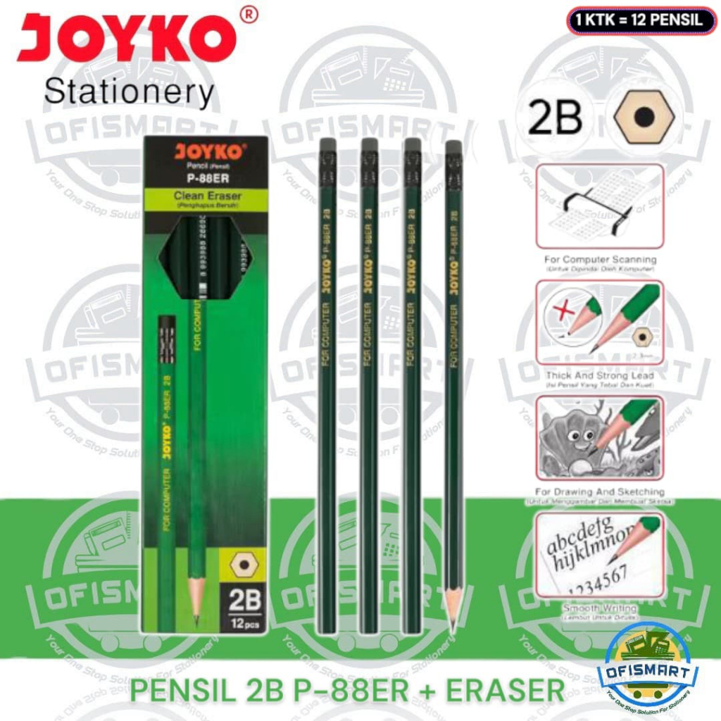

Joyko Pensil Kayu 2B P-88 ER + Penghapus | @1Pack=12 Pencil