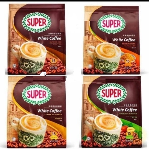 

Minuman Seduh Instan Impor Malaysia Super 20 ea White Coffee 3 In 1 ( Classic, Hazelnut ) Coffeemix, Tea Infusion ( Chrysanthemum with Honey, Red Date & Longan ), Cereal ( Original, Chocolate, Brown Rice ), Milk Tea Original 25 ea