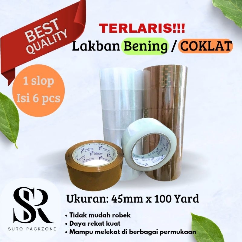 

Lakban bening / lakban coklat 1 slop 6 pcs ukuran 45mm x 100 yard / isolasi / selotip / Tape Daya lekat kuat