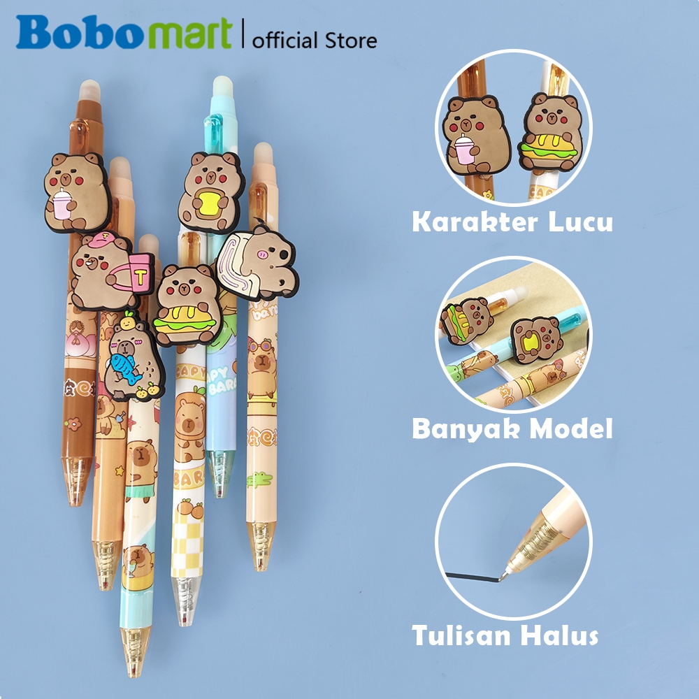 

BOBOMART Gel Pen Pulpen Pena Fancy Klik KRD-1339 Motif Lucu Capybara 0.5mm