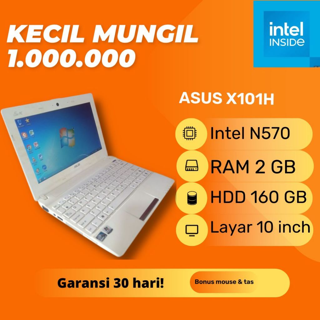 Notebook Asus EEE PC X101H Slim Warna Putih Intel Atom N570 RAM 2GB Windows 7 Netbook Tipis White Se