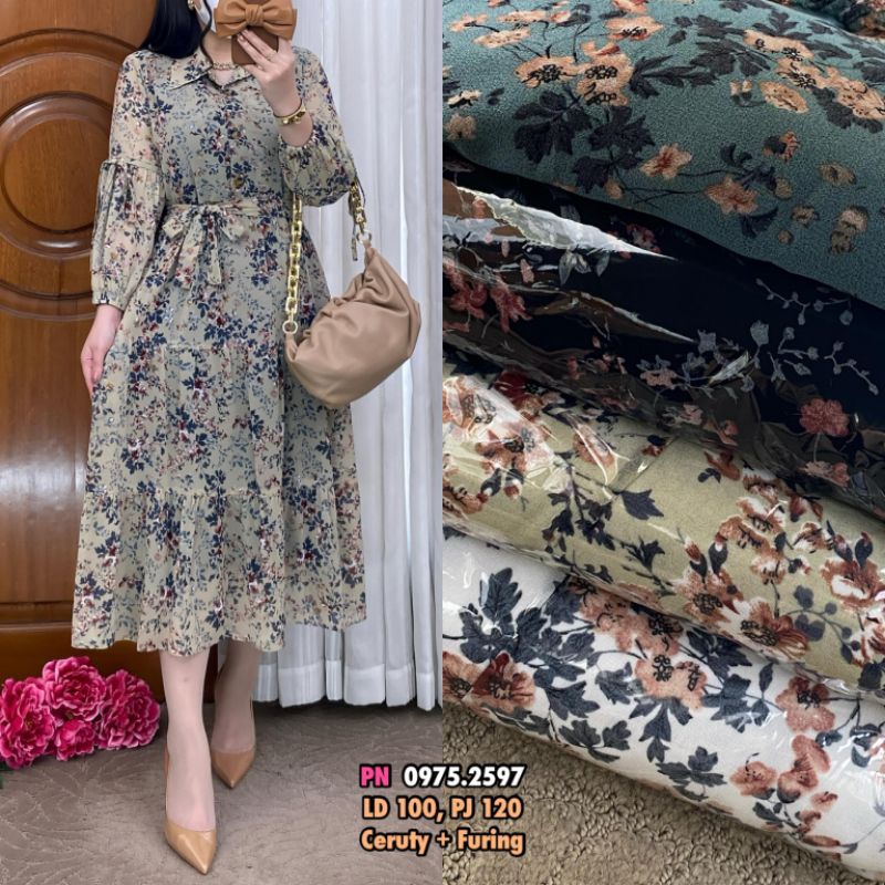 MIDI DRESS CERUTY PRWMIUM FULL FURING MIDI DRESS BELT WANITA LD104 Gamis Muslim Kancing Cantik