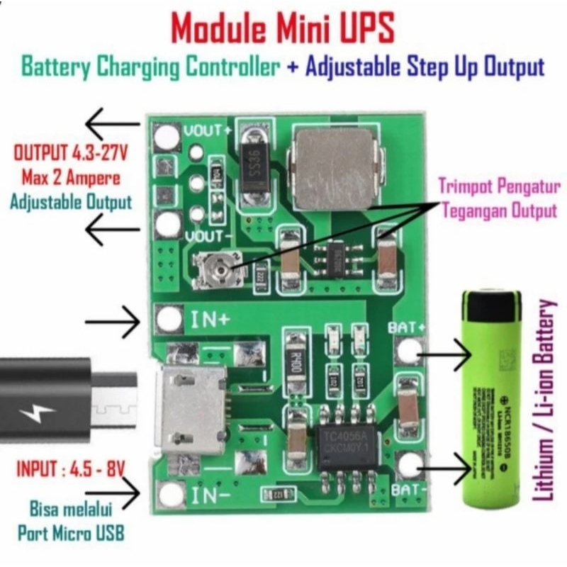 Modul Kit DIY Mini Backup UPS DC 3.7V Output 5V 9V 12V 2A 2000mAh