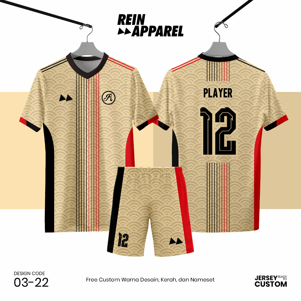 Jersey Bola Futsal Full Printing Kostum Nama/Nomor/Logo - 0322 Cream Hitam Merah