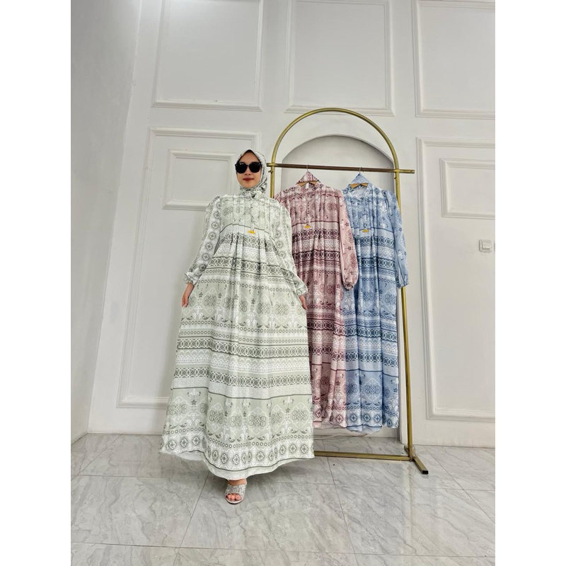 Gamis Armany silk set gradasi motif ANGGREK GARIS DADA set hijab