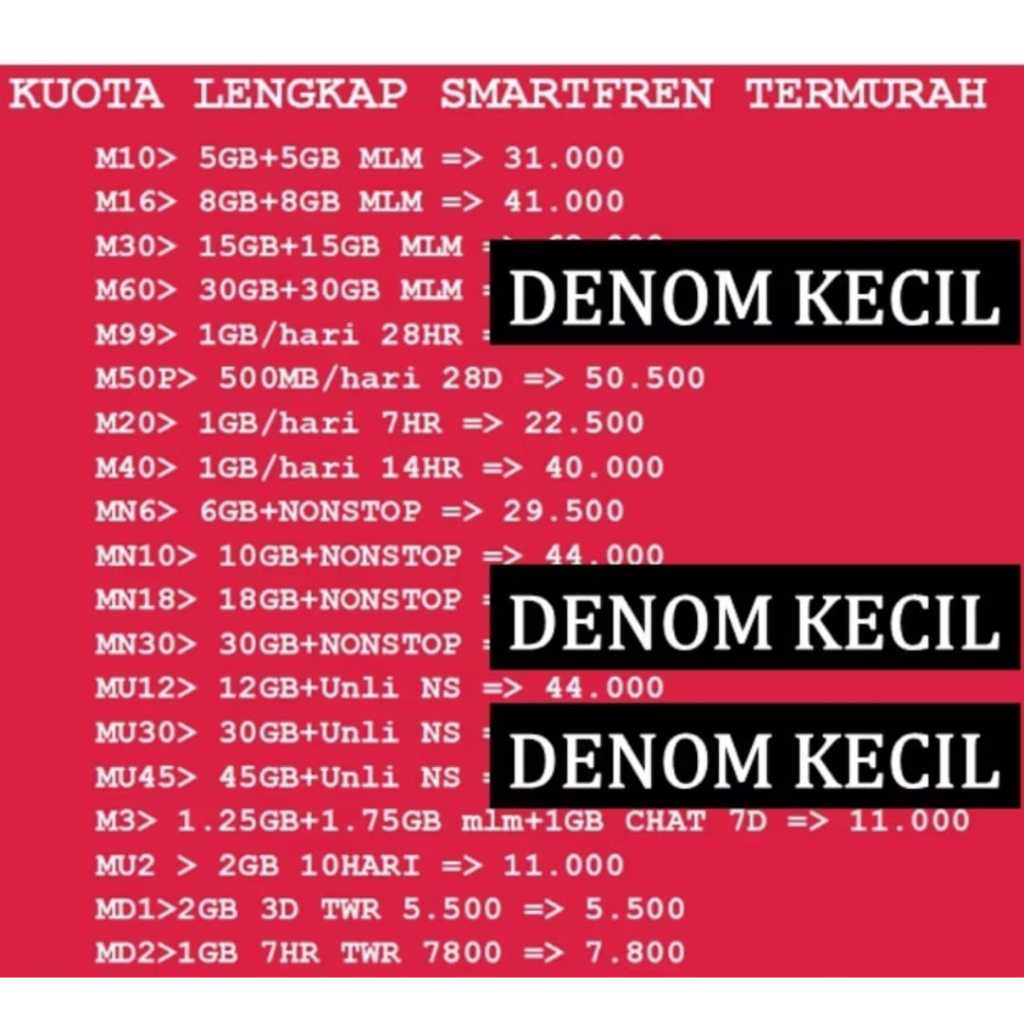 TERMURAH VOUCHER DATA KUOTA SMARTFREN DENOM KECIL MINI HARIAN MINGGUAN UNLIMITED NONSTOP 1GB 2GB 3GB