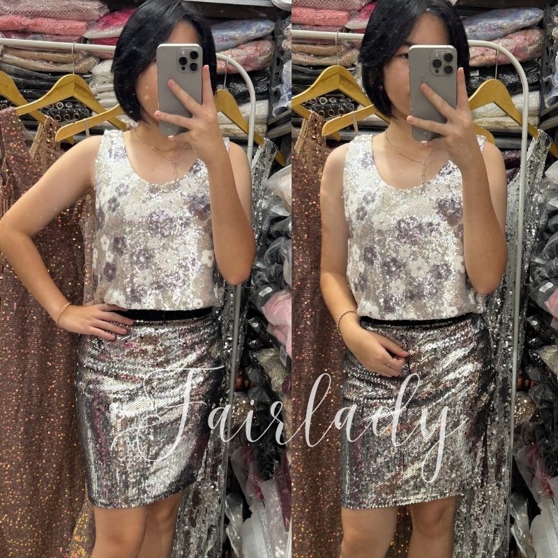 [READY STOCK FAIRLADY] LP 62-70 Remy Silver Sequin Mini Skirt Rok Pesta Korean Style