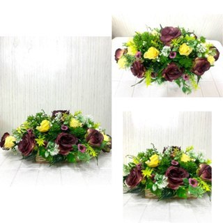 Bunga Meja Oval Ros Antik Mix Ros Mini Vas Rotan Persegi Panjang