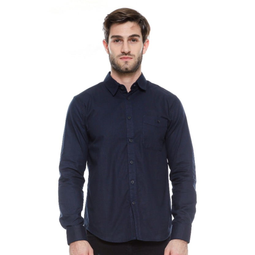 Castles.id Kemeja Polos Navy Pria Lengan Panjang LS002
