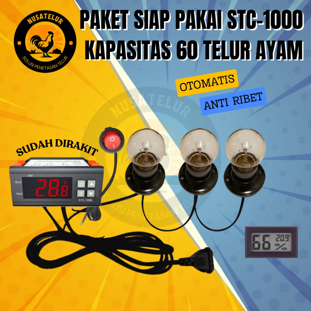 NUSATELUR Paket Siap Pakai Termostat STC1000 Kapasitas 50 - 60 Butir Telur Ayam Otomatis Suhu Panas,
