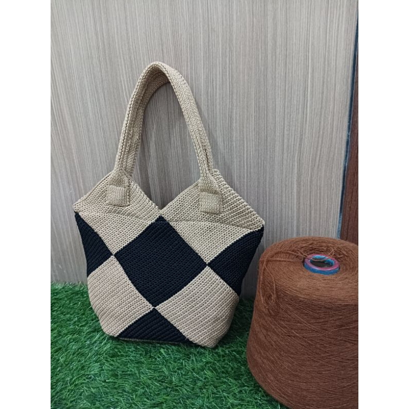 tas rajut tengteng tas bahu motif catur