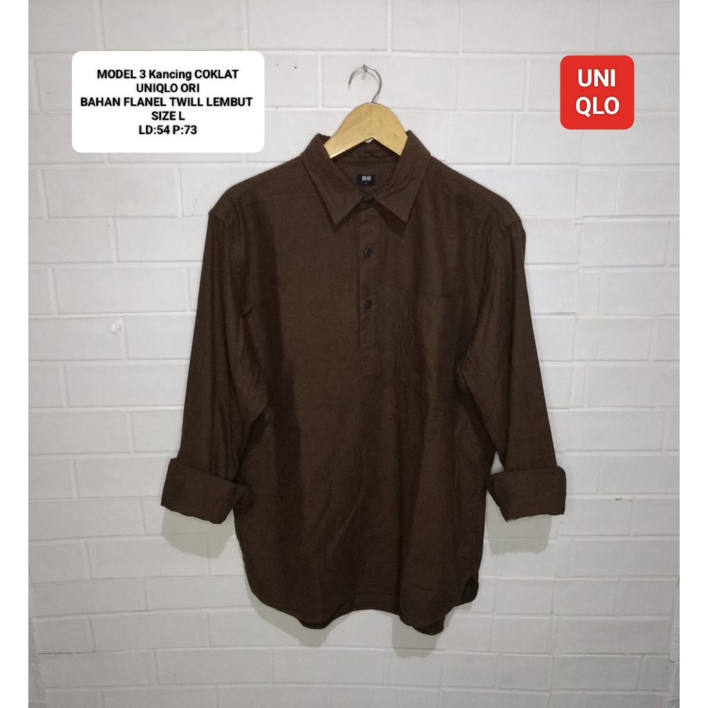 KEMEJA FLANEL TWILL COKLAT UNIQLO ORI SIZE L MODEL 3 KANCING