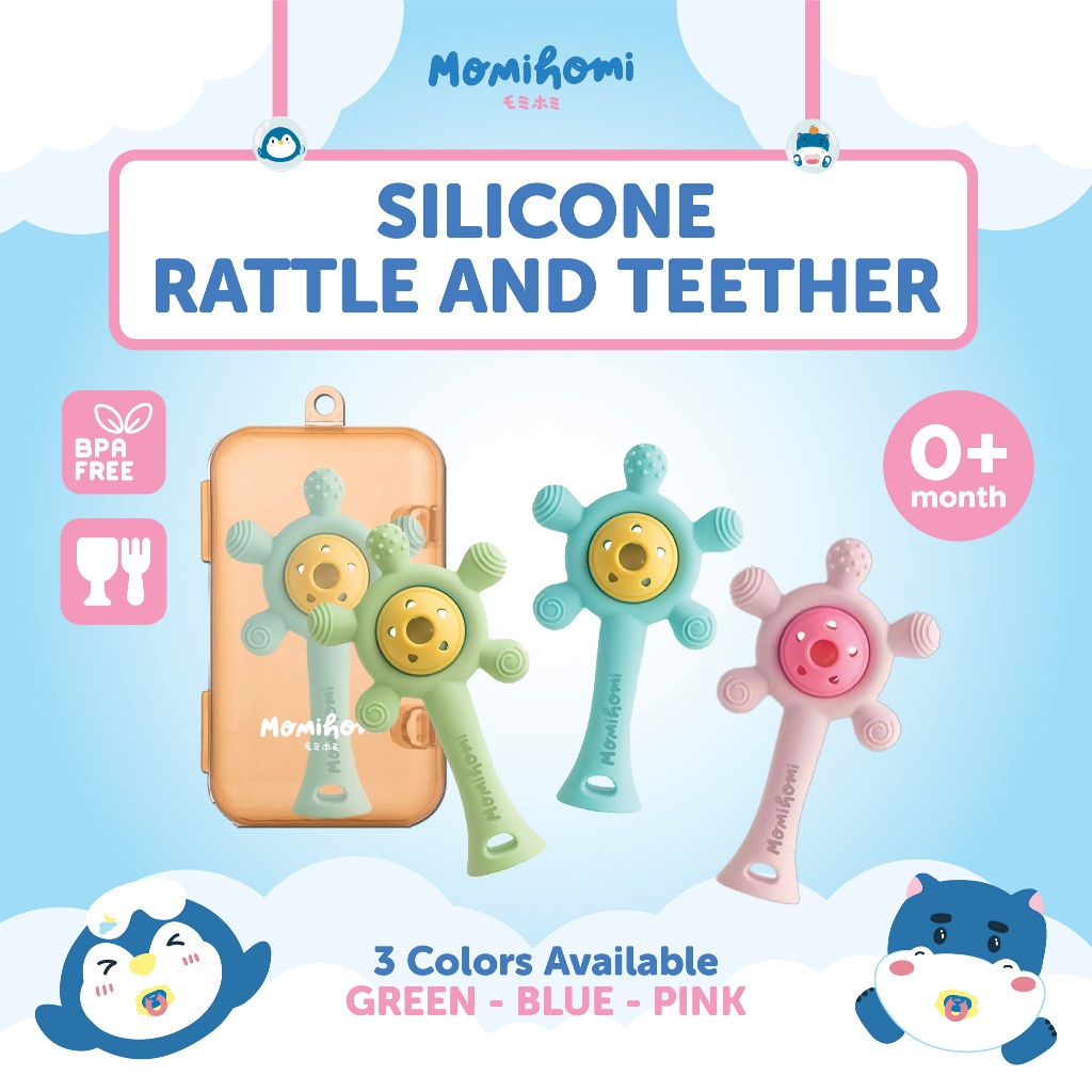 Momi Homi 3060 Silicone Rattle Teether Mainan Kerincing Anak Bayi Free Box Warna Warni Bahan Karet P
