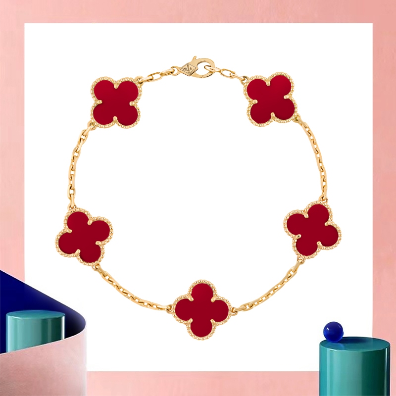 Gelang Emas 18K Gelang Batu Akik Merah Gelang Emas Empat Daun Semanggi Keberuntungan Wanita