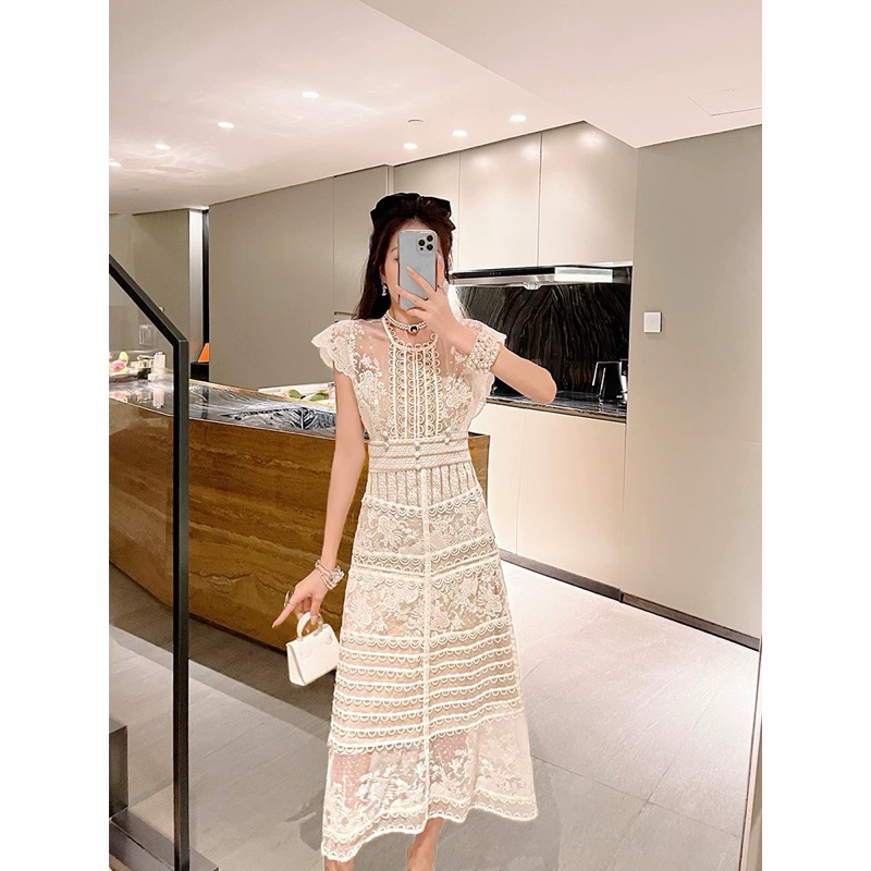 Helena Lace Dress/ Gaun lace brokat lilac/ broken white/Kondangan Brokat/Dress Fuji artis Midi Korea