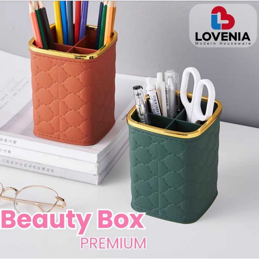Lovenia Beauty Box / Tempat Kuas Makeup Premium PLASTIK Rak Kosmetik motif Kain sekat Tempat Pensil