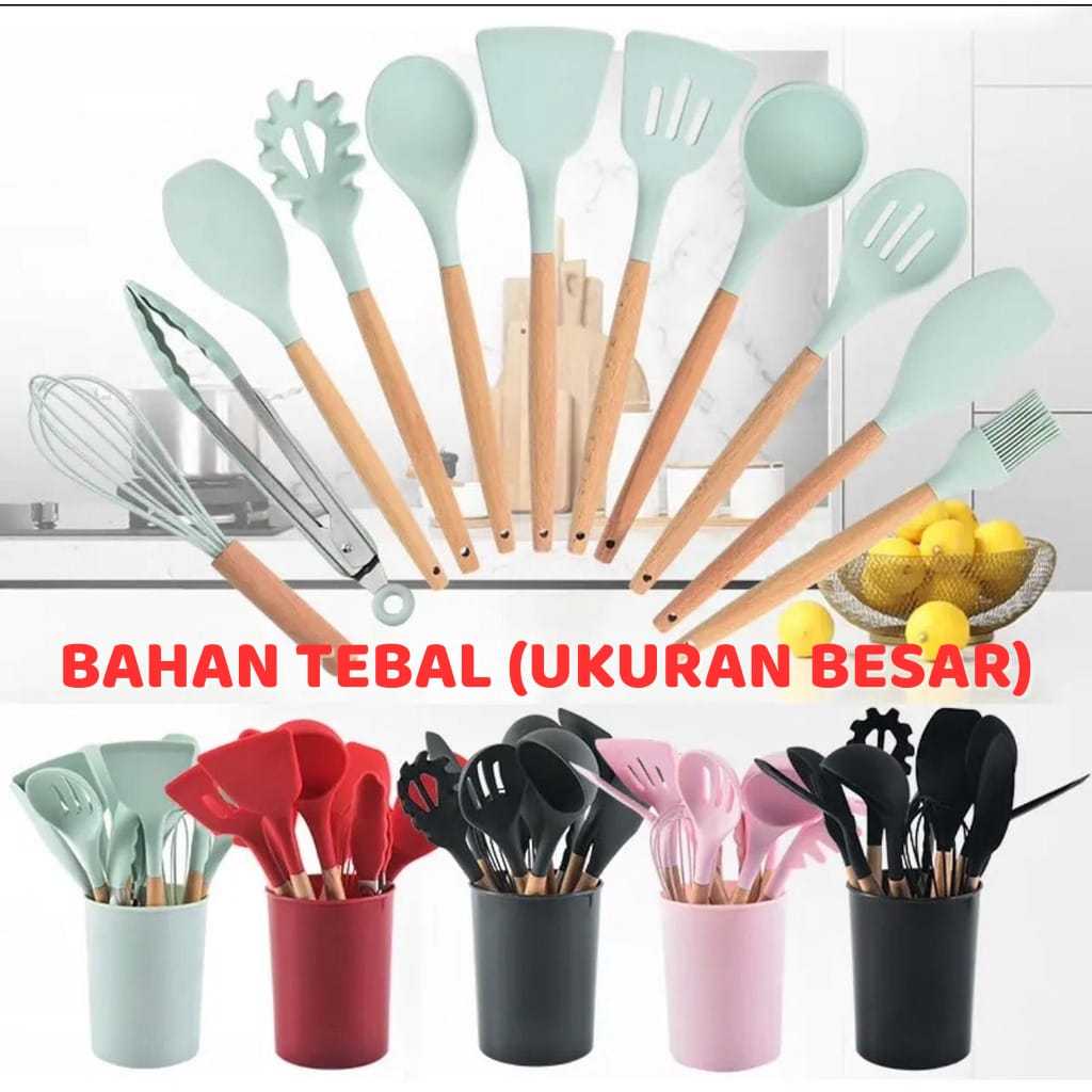 Silicone Utensil 11Pcs+Wadah Spatula Peralatan Masak Sutil Pegangan Kayu Baking Set Alat Masak