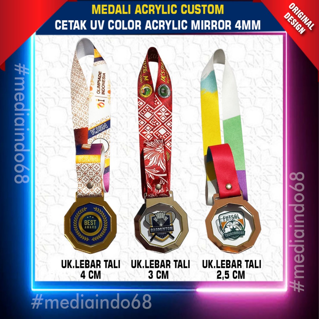 

Mediindo68 Medali Acrylic Custom Cetak UV Color-Double Acrylic Mirror 4 mm, Emas, Perak, Perunggu