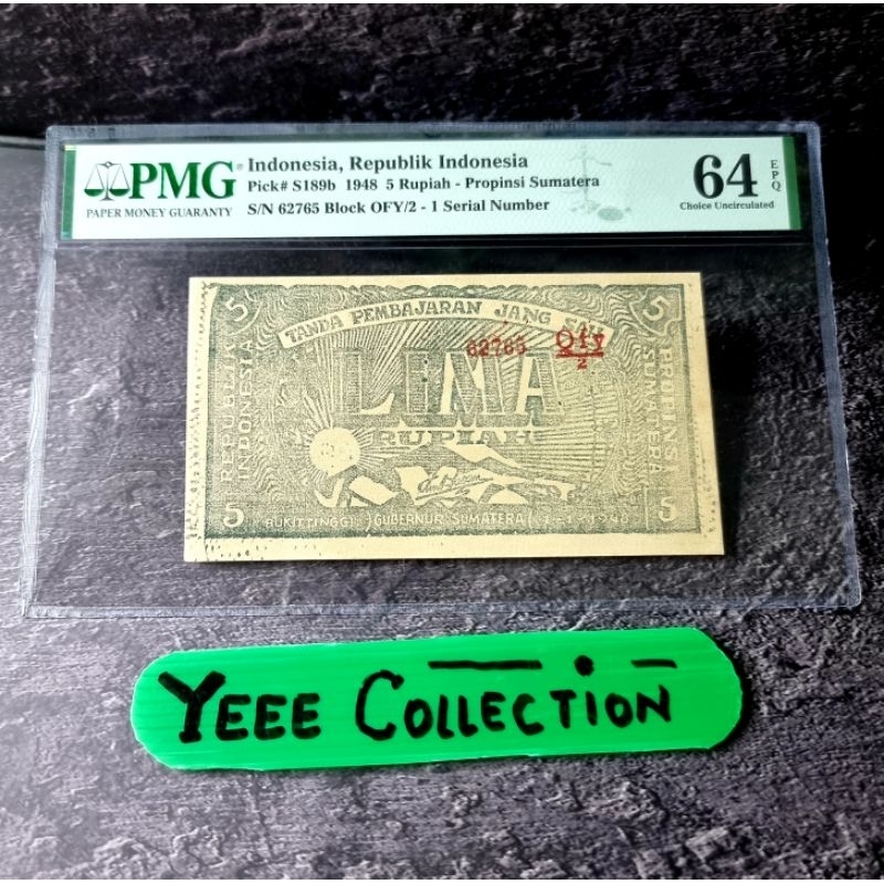 Uang Kertas Kuno ORIDA 5 Rupiah Bukit Tinggi 2nd Top Pop PMG 64 EPQ Tahun 1948