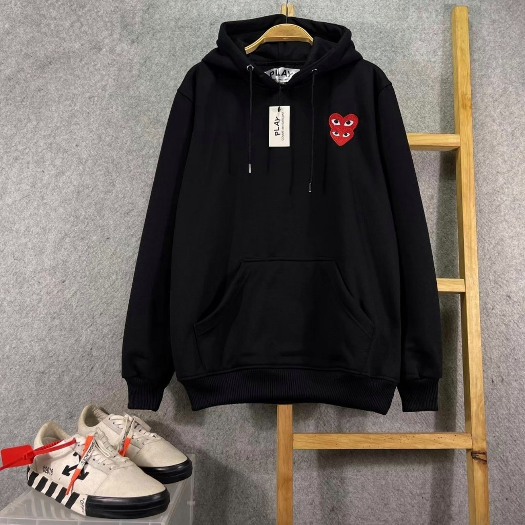 JAKET HOODIE SWEATER CDG PLAY COMME DES GARCONS DOUBLE HEART RED BORDIR BLACK