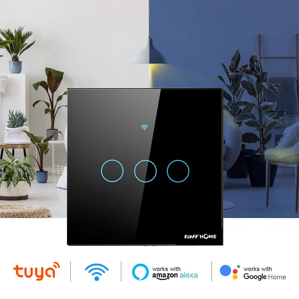 Saklar Lampu Wireless WiFi RF taffhome Smart Home Switch Tuya Alexa Google Home 3 Gang - TH86 HITAM