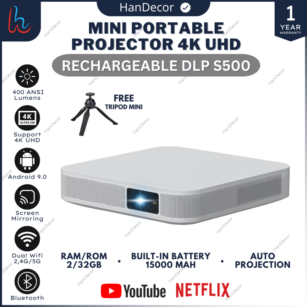 Smart Proyektor Mini DLP S500 Android Wifi 9.0 400 ANSI Lumens RAM 2/32 GB | Proyektor DLP | DLP S50