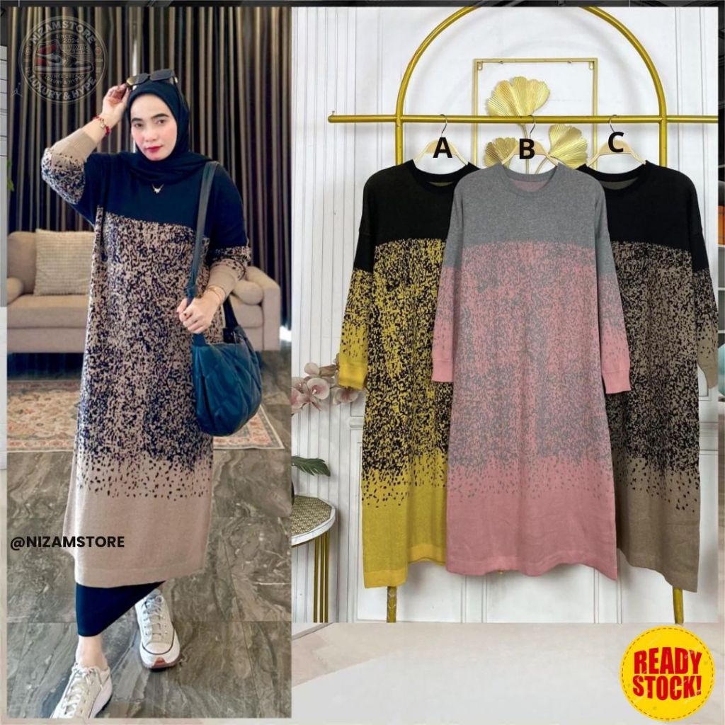 Nizamstore Long Tunik Rajut Wanita – Desain Gradasi Warna, Ukuran LD 110-120 cm, Panjang 110 cm