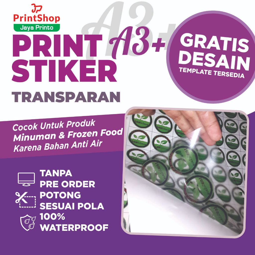 

CETAK STIKER VINYL TRANSPARANT SEHARI JADI / CETAK LABEL SEHARI JADI (PRINT + CUTTING) A3+/ STIKER MURAH / STIKER LABEL PRODUK / STIKER KEMASAN PRODUK/ STIKER LABEL MAKANAN