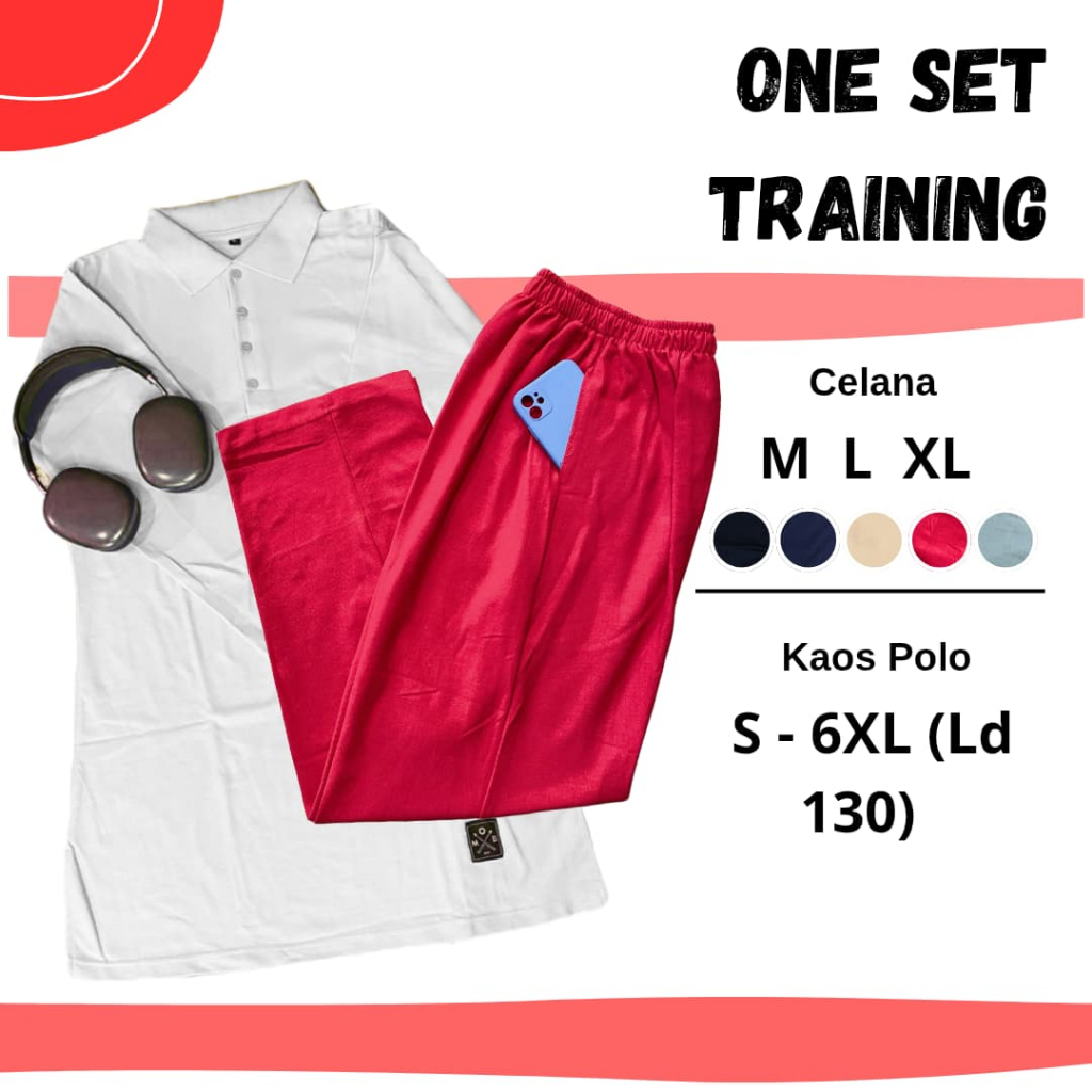 [NEW ARRIVALS] One Set Setelan Training Tunik Wanita Celana MERAH + Kaos Krah