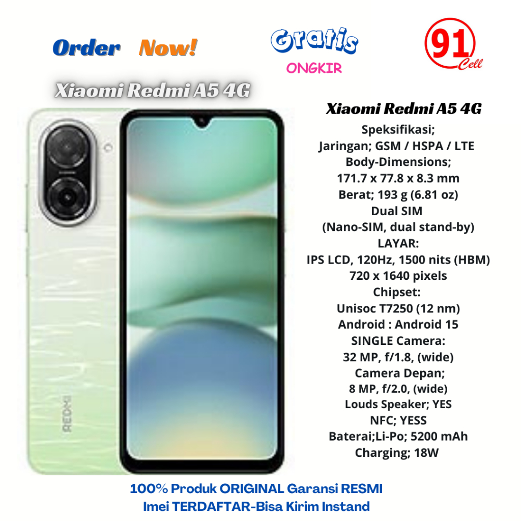 Xiaomi Redmi A5 4G Original Ram4+4/128gb Bonus Tempred Glass Garansi Resmi 1 Tahun