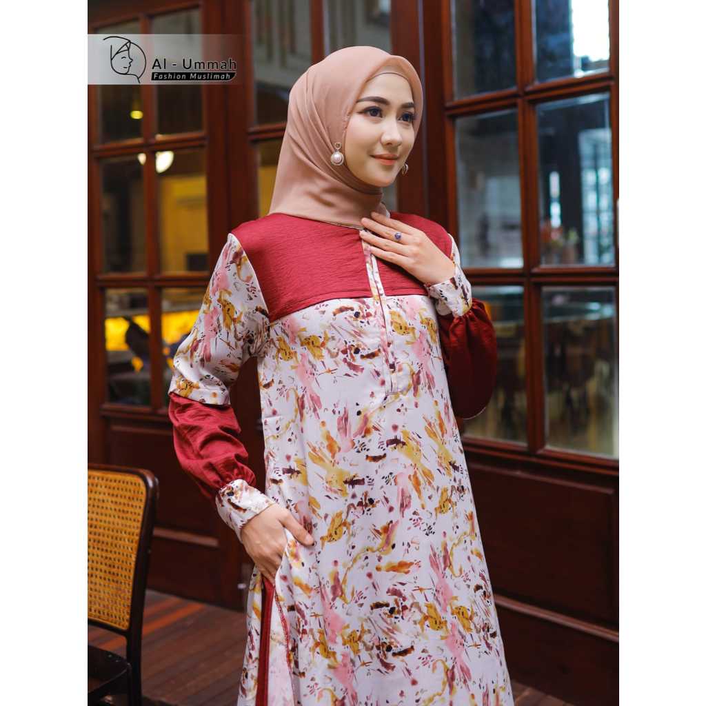 Gamis Wanita Malaysia Melayu Airflow Premium Motif Bunga Maroon Baju Perempuan Muslimah Al Ummah