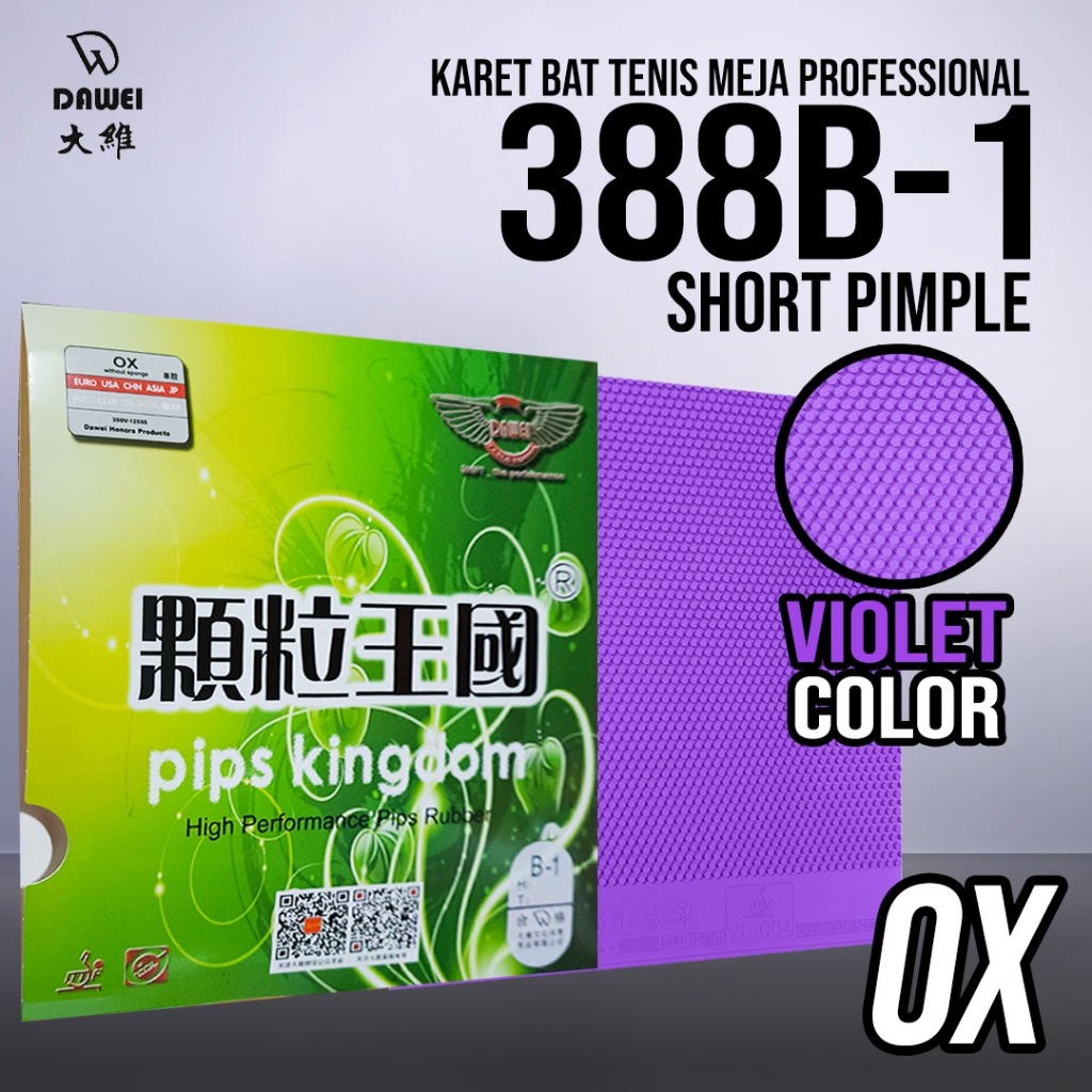 Karet Bat Tenis Meja Pingpong Dawei 388B-1 OX Violet Bintik Serang Bintik Pendek Original