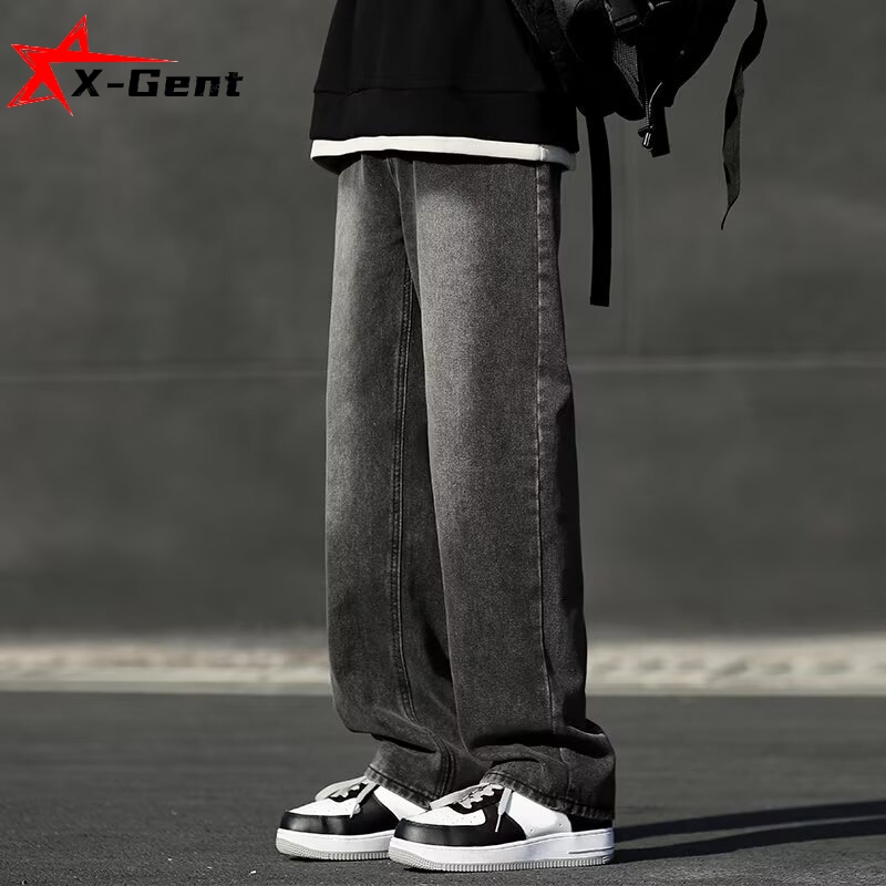 celana gombrong jeans abu hitam S-5XL pria kulot jumbo baggy straight denim selvedge pants cowok