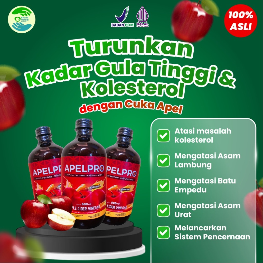 

APELPRO - Cuka Apel Premium untuk Atasi Kolesterol Jahat & Kontrol Gula Darah - BPOM & Halal