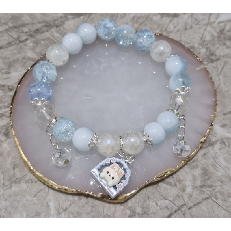 Gelang Manik Glass Beads Kristal Blue Bunny Cute - Gelang Handmade Manik Kristal Biru